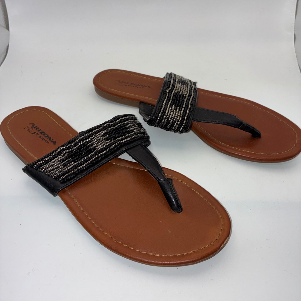 Arizona Jean Co Womens Black Beaded Thong Sandals Flat Slides Size 7M 038-6369
